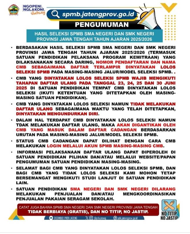 PENGUMUMAN SPMB SMA Negeri 1 KLIRONG Tahun 2025/2026